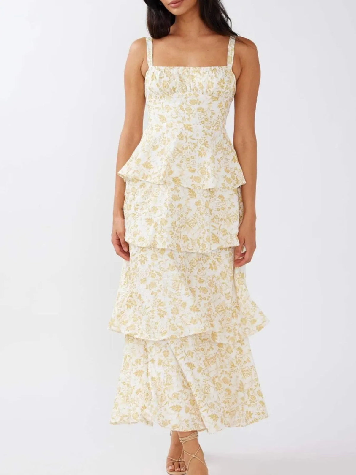 Floral Print Square Neck Cami Tiered Ruffle Maxi Dress 10