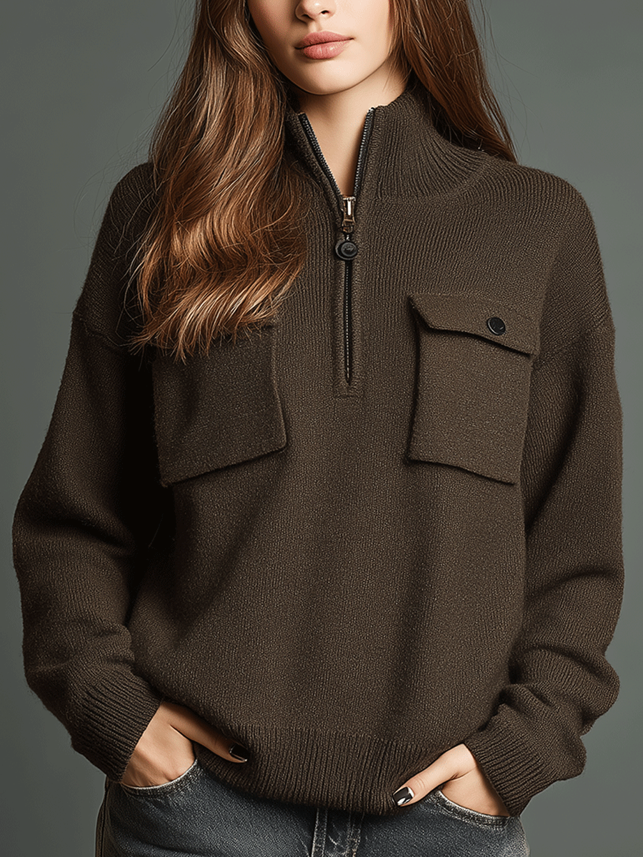 Casual And Comfortable Dark Brown Knitted Half-Zip Sweater