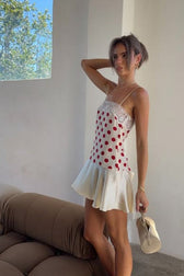 Lace Trim Polka Cami Backless Fit Mini Lace Dress