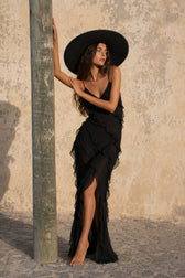 Chiffon Ruffle Open Back Split Slim Slip Dress