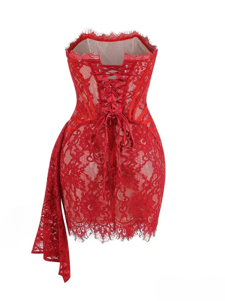 Lace Strapless Corset Boned Bodice Side Drape Mini Dress 10