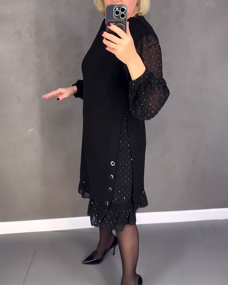 Round Neck Sheer Dot Sleeve Ruffle Hem Shift Midi Dress