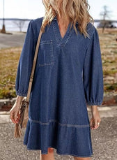 Denim V-Neck Puff Sleeve Pocket A-Line Mini Dress 6