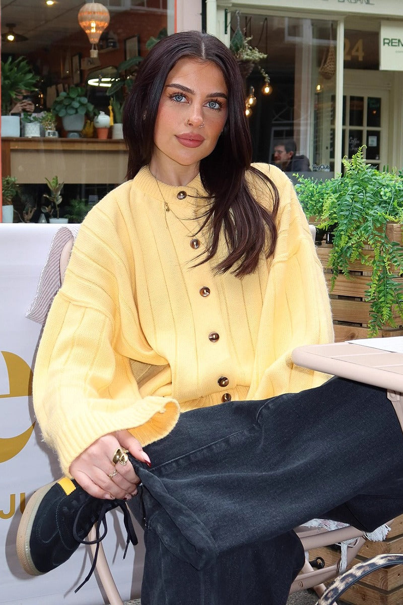 Crew Neck Drop Shoulder Button Front Wide Rib Knit Oversized Cardigan