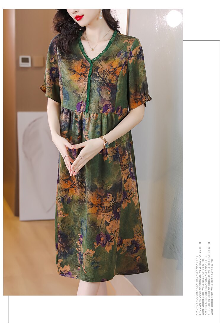 Floral Print V-Neck Short Sleeve Empire Waist Midi Dress