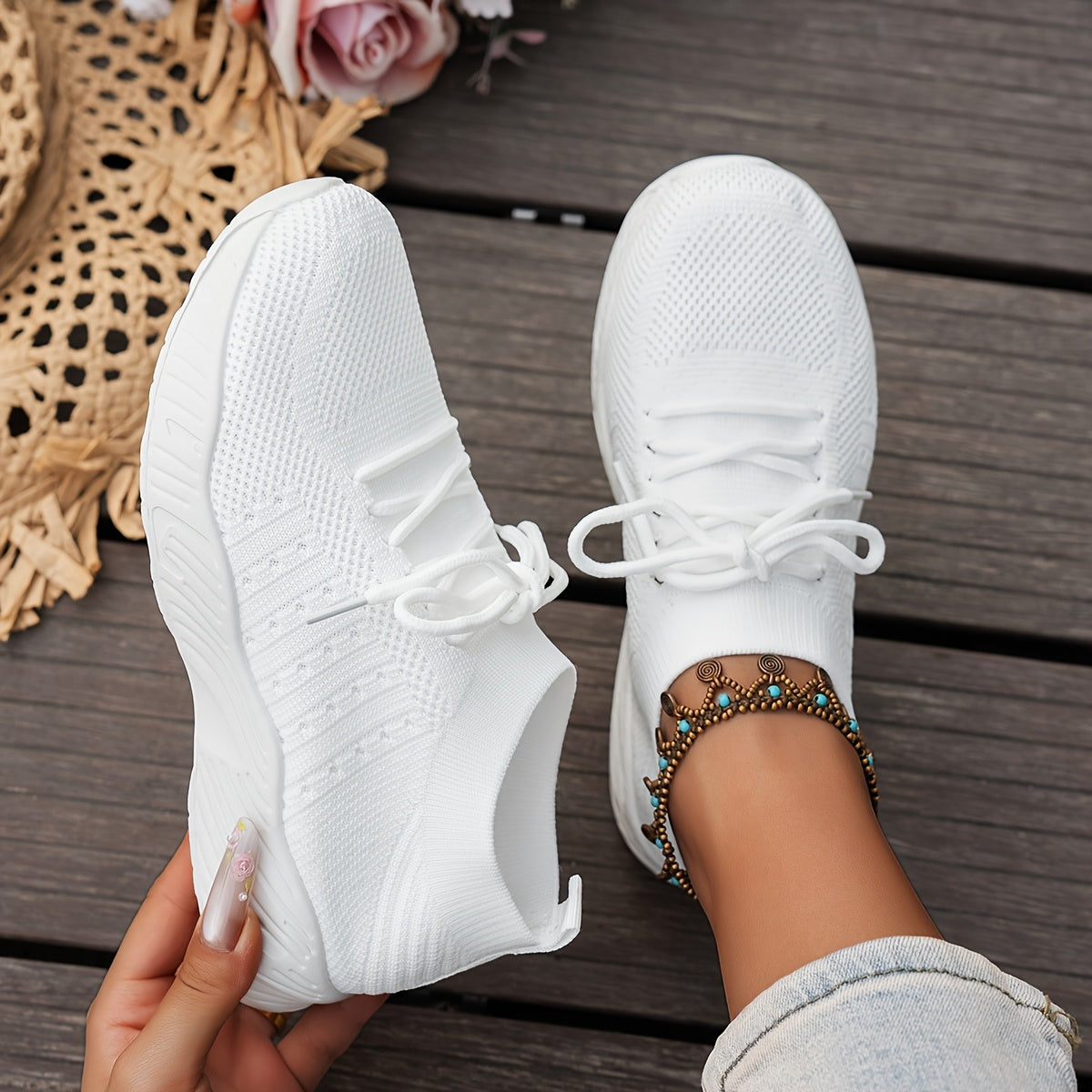 Knit Mesh Lace Up Thick Sole Sneakers