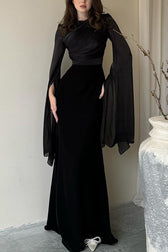 Liora Ruched Organza Satin Patchwork Long Bell Slit Maxi Dress - View 6