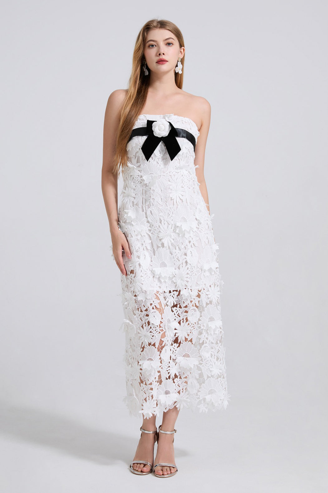 3D Floral Lace Applique Strapless Bodycon Midi Dress
