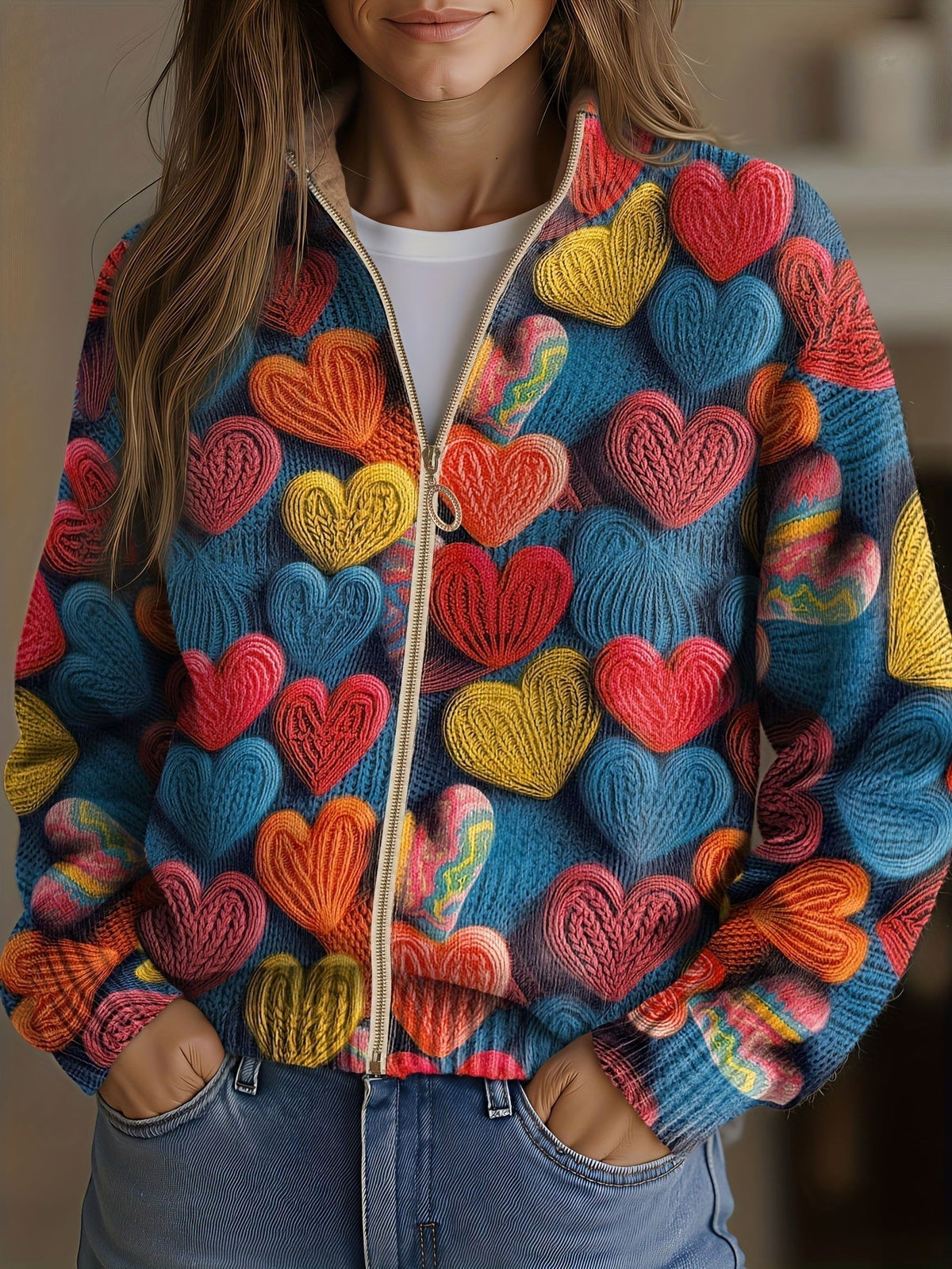 Heart Print Zip Front Stand Collar Bomber Jacket