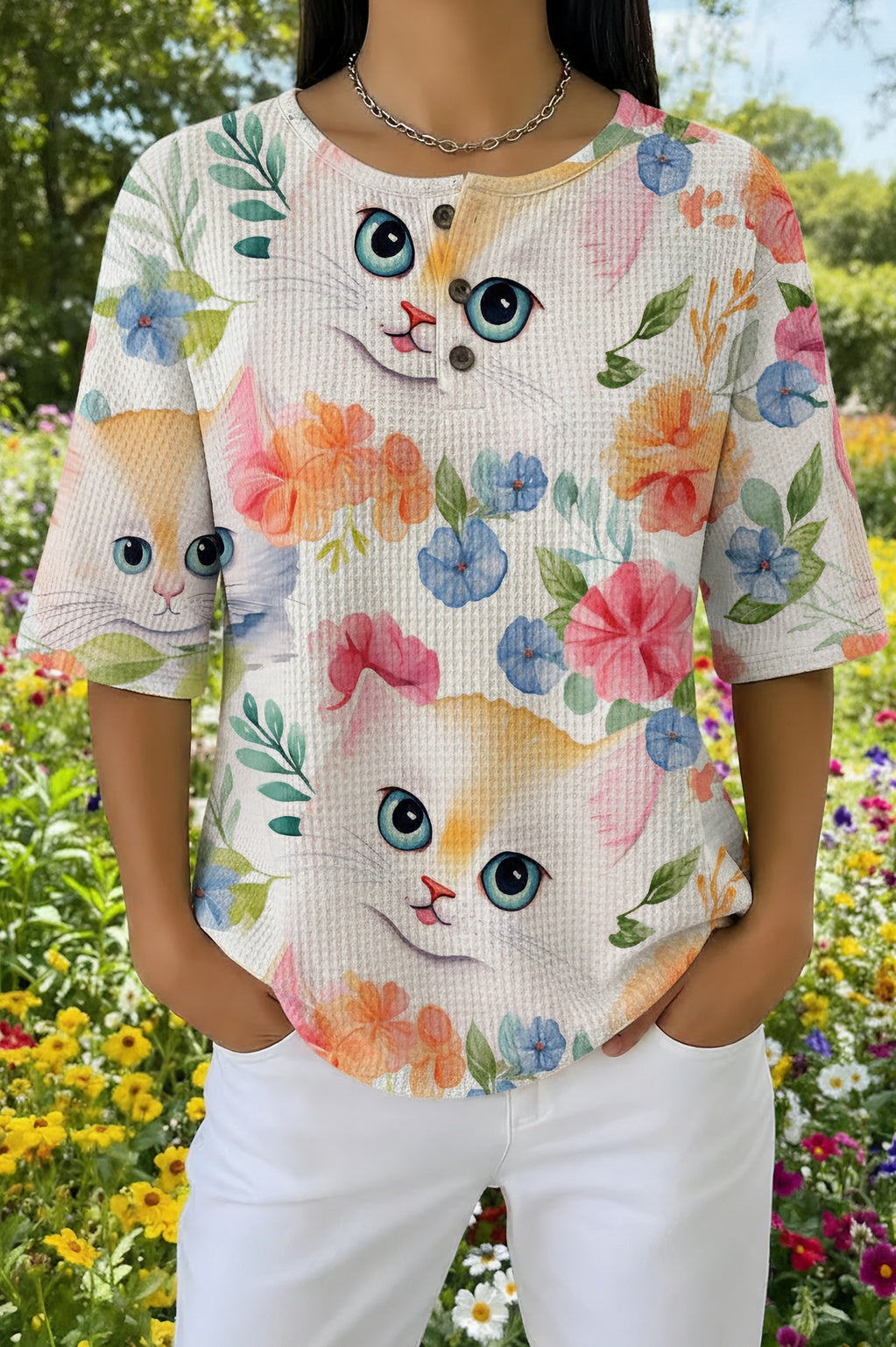 Womens White Floral Multi-Color Cat Print Casual Shirt