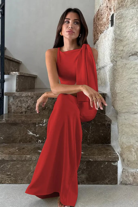 Elegant One Shoulder Asymmetric Tie Maxi Dress