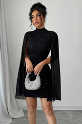 Shiny Printed Turtleneck Puff Sleeve Bodycon Cocktail Dress - View 2