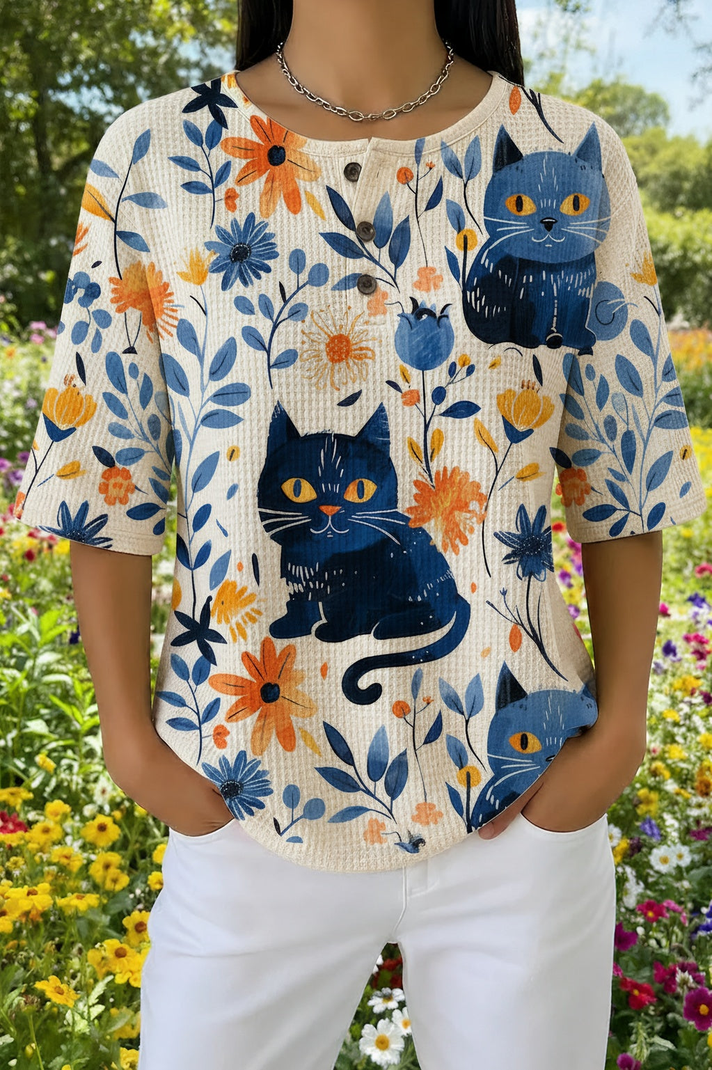 Cat and Wildflower Print Henley Short Sleeve Top
