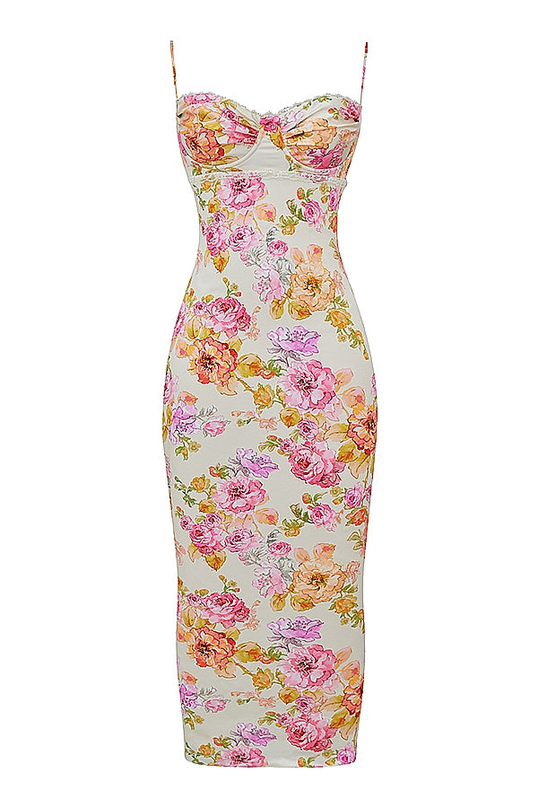 Floral Satin Sweetheart Ruched Bust Spaghetti Strap Maxi Dress 12