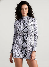 Serpentine Print Turtleneck Long Sleeve Party Dresses For Women Streetwear Fashion Snake Graphic Bodycon Dress Robe