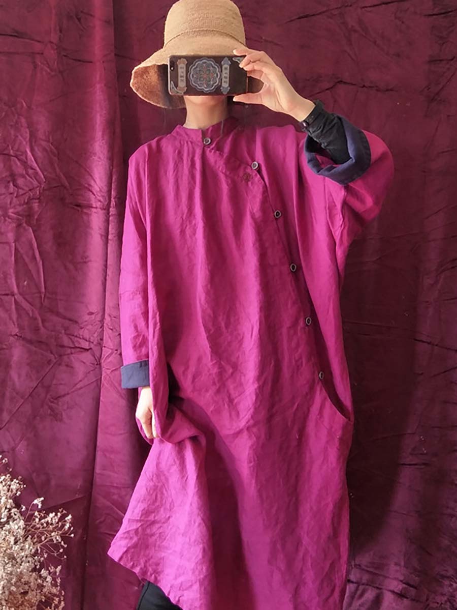Mandarin Collar Long Sleeve Side Button Oversized Shirt Maxi Dress