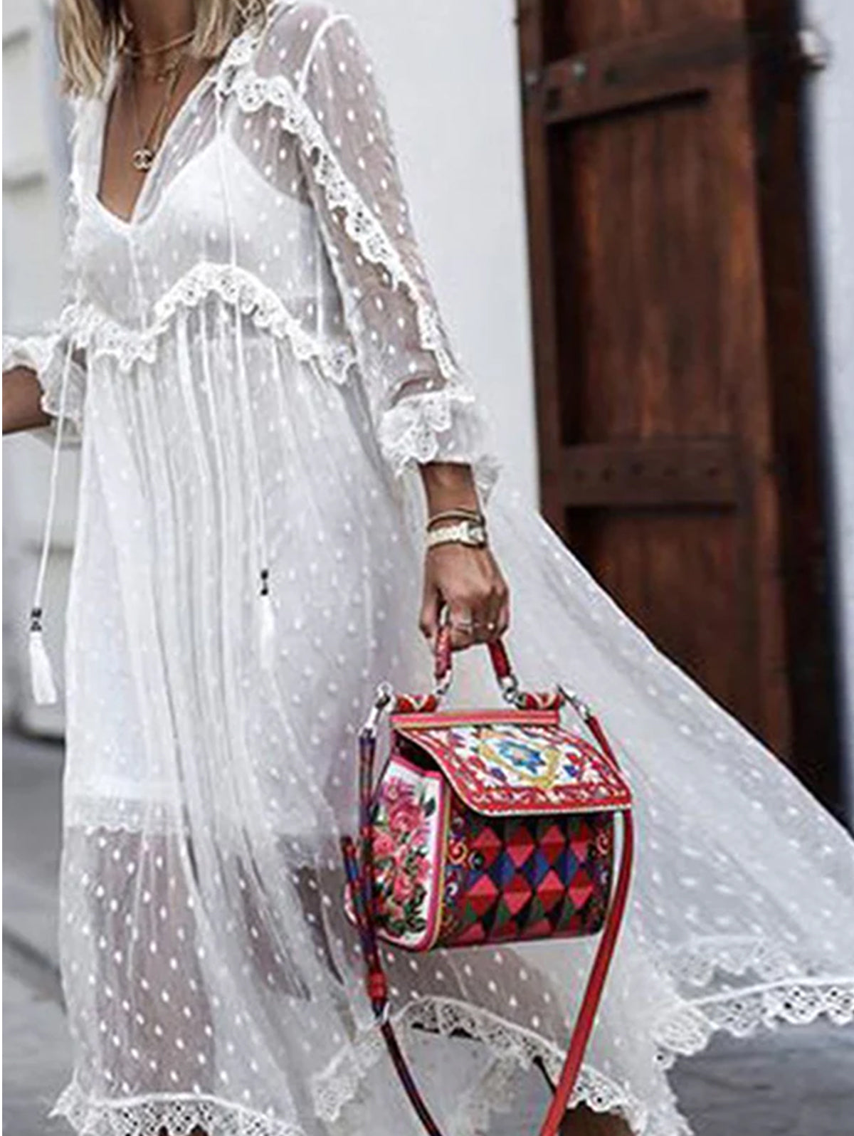 White Jacquard Polka Dot See-through Maxi Dress Long Sleeve - View 7
