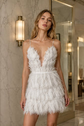 Deep V Feather Patchwork Short Slip Dress
