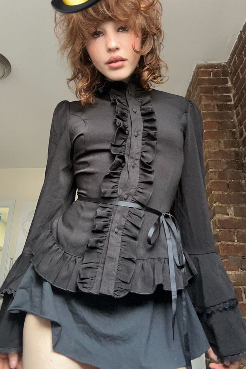 High Neck Ruffle Front Bell Sleeve Ribbon Tie Waist Peplum Blouse