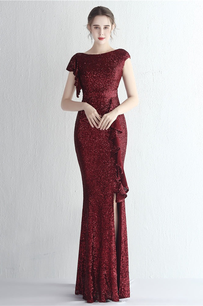 Sequin High Neck Cap Sleeve Ruffle High Split Mermaid Gown