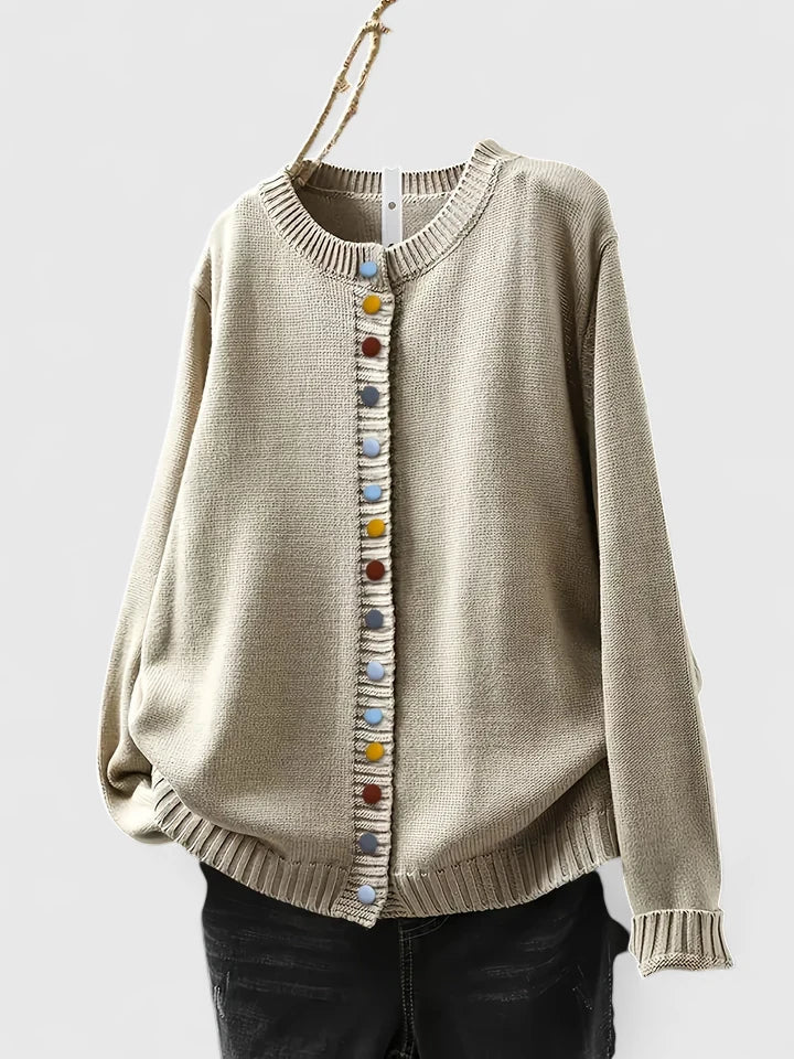 Crew Neck Ruffle Trim Button Front Cardigan