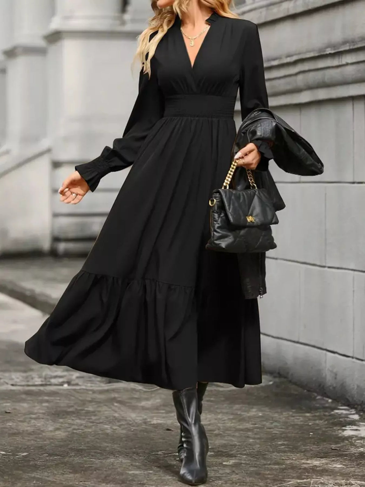Surplice V-Neck Smocked Waist Balloon Sleeve Tiered Midi Dress 13