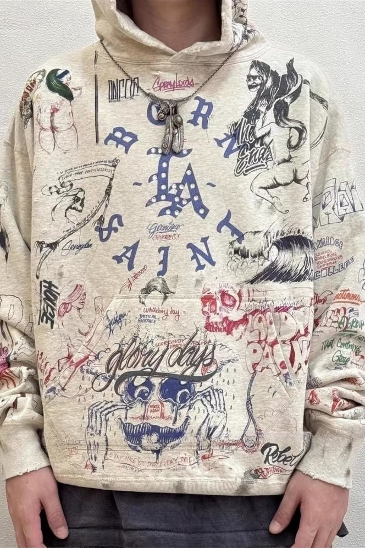 Distressed Rhinestone Graffiti Print Hoodie