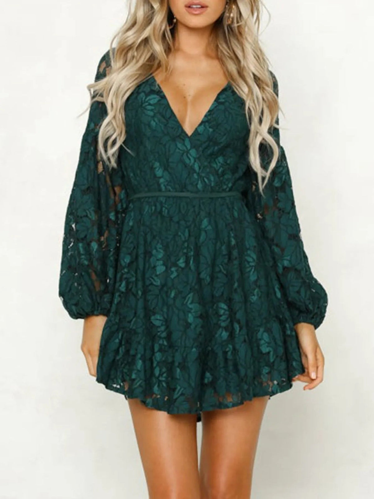 Lace Deep V-Neck Long Balloon Sleeve Fit and Flare Mini Dress 3