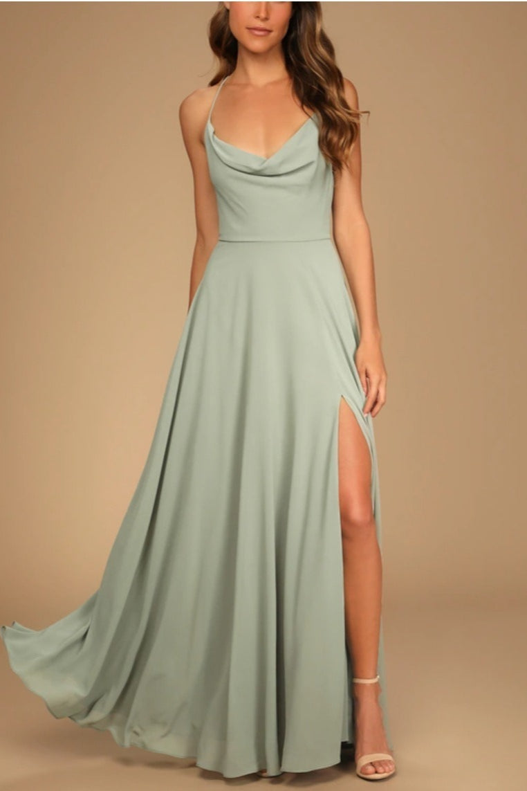 Chiffon Cowl Neck Lace Up Back High Split Maxi Dress