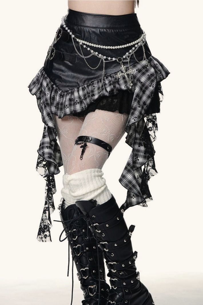 Halloween Plaid PU Mini Skirt