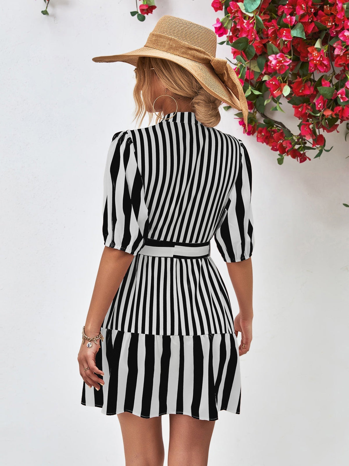Striped Puff Sleeve Button Front Belted Ruffle Hem Mini Dress 14