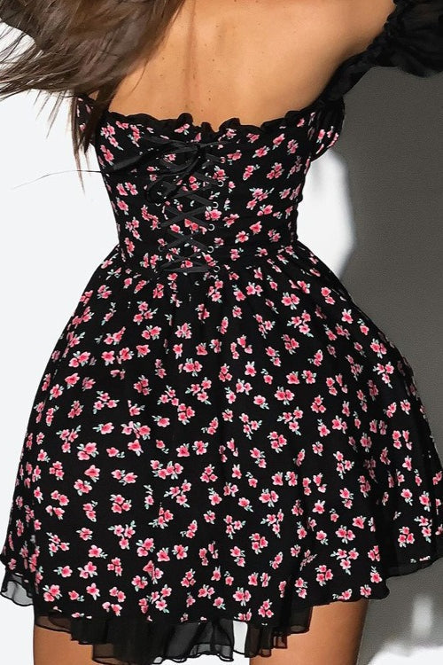Chiffon Patchwork Strapless A Line Floral Dress