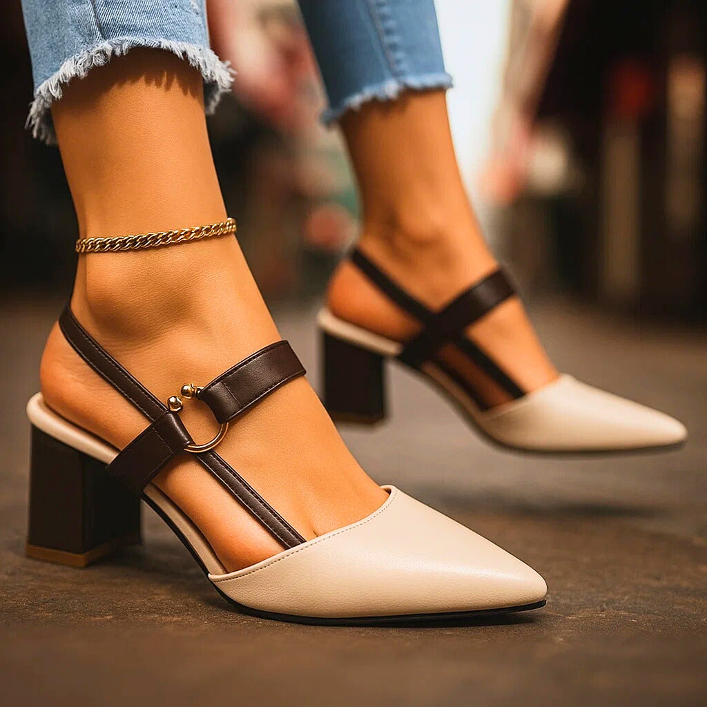 Pointed Toe Buckle Slingback Block Heel Pumps