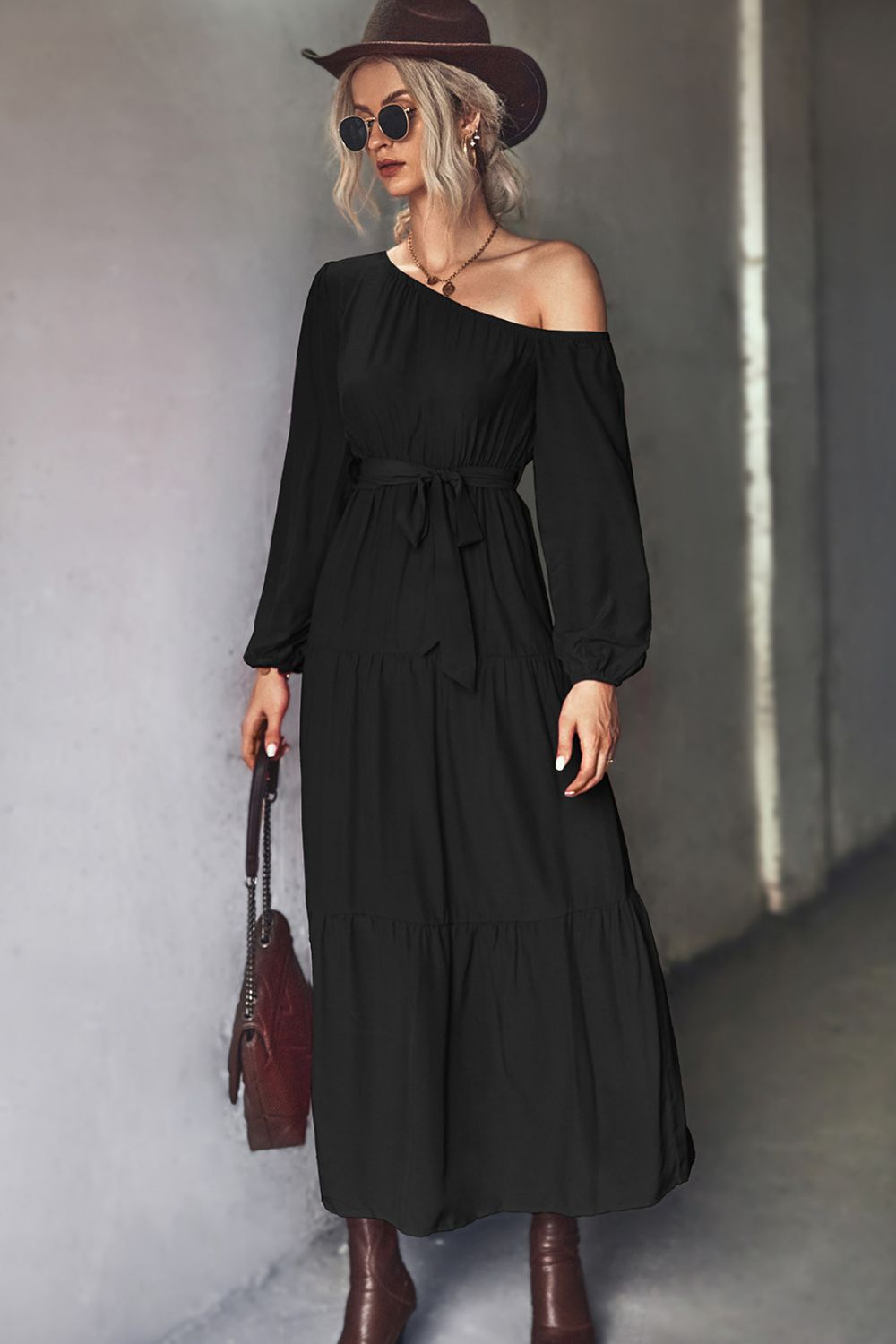 One Shoulder Long Sleeve Belted Tiered Maxi Dress 5