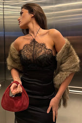 Halter Lace Panel Bodycon Mini Lace Dress