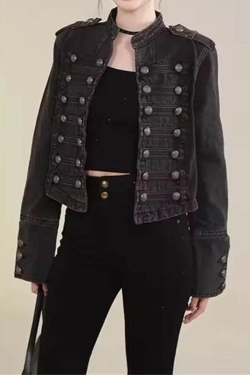 Cropped Denim Military Jacket