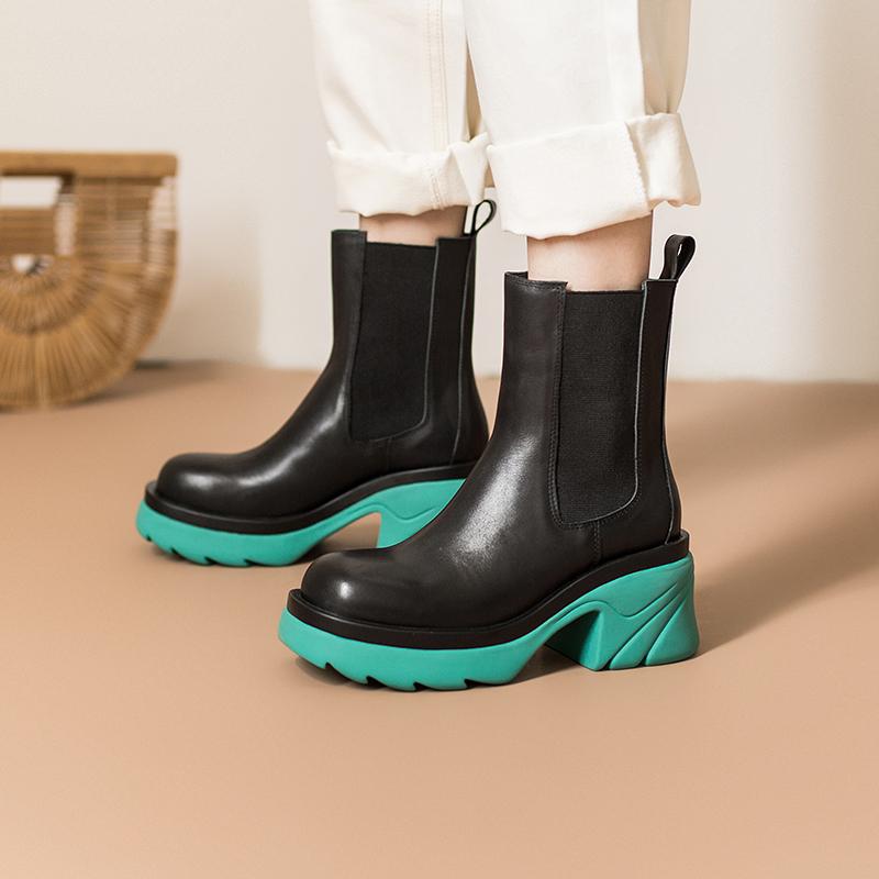 Colorful Sole Leather Chelsea Boots Designer Retro Chunky Riding Boots High Heel Handmade