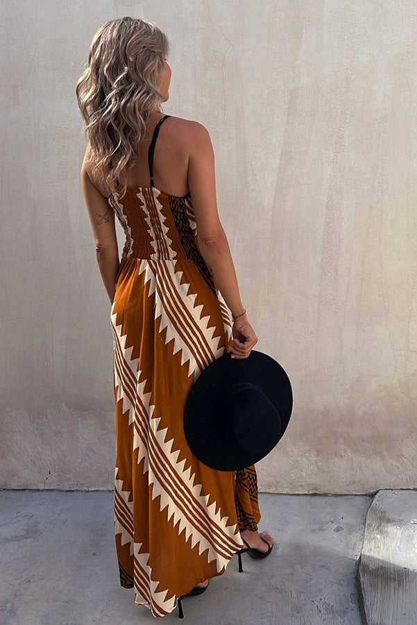 Always Falling Satin Ethnic Print Smocked Back Midi Dress - View 5