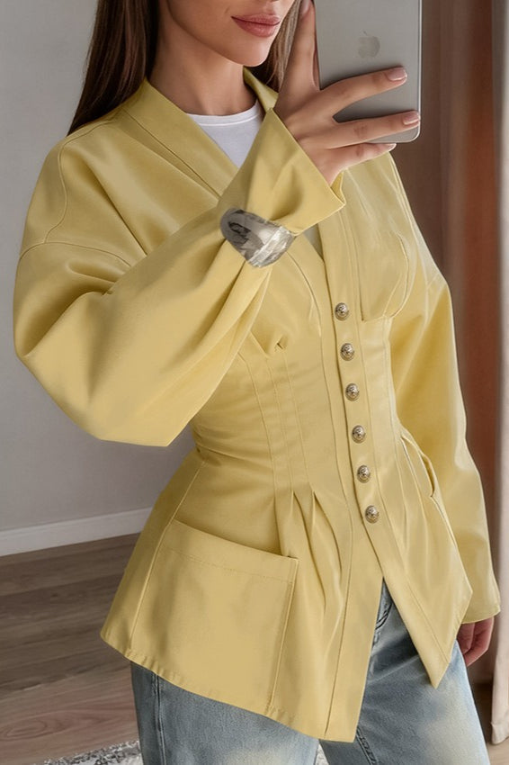 V-Neck Dolman Sleeve Pintuck Waist Button Front Pocket Jacket