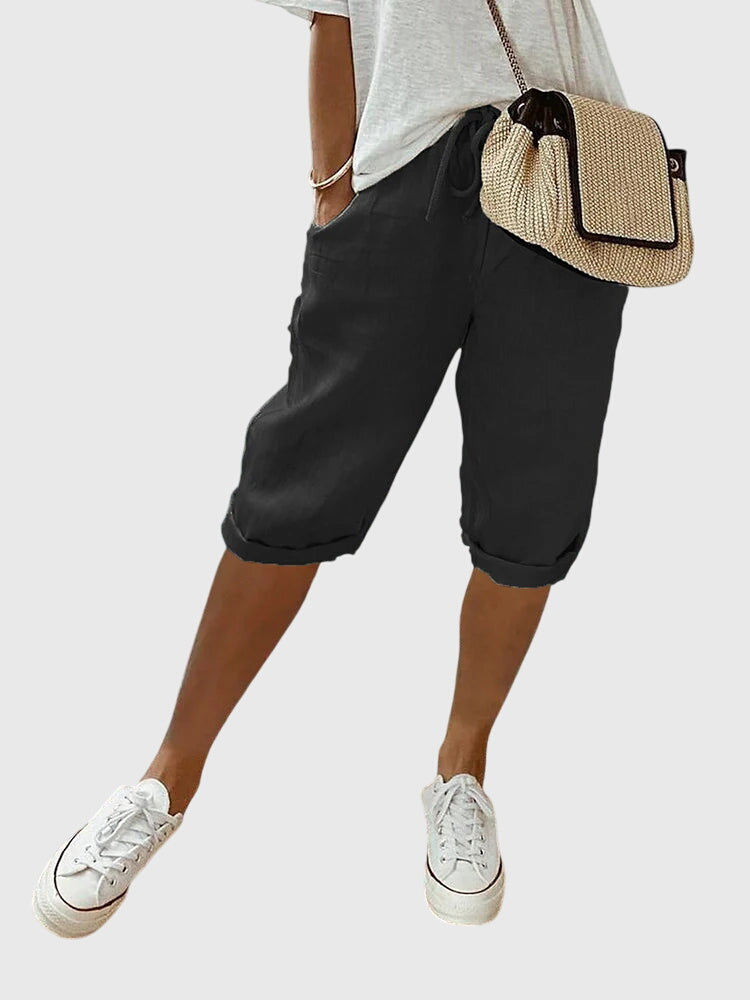 Drawstring High Waist Cuffed Bermuda Shorts