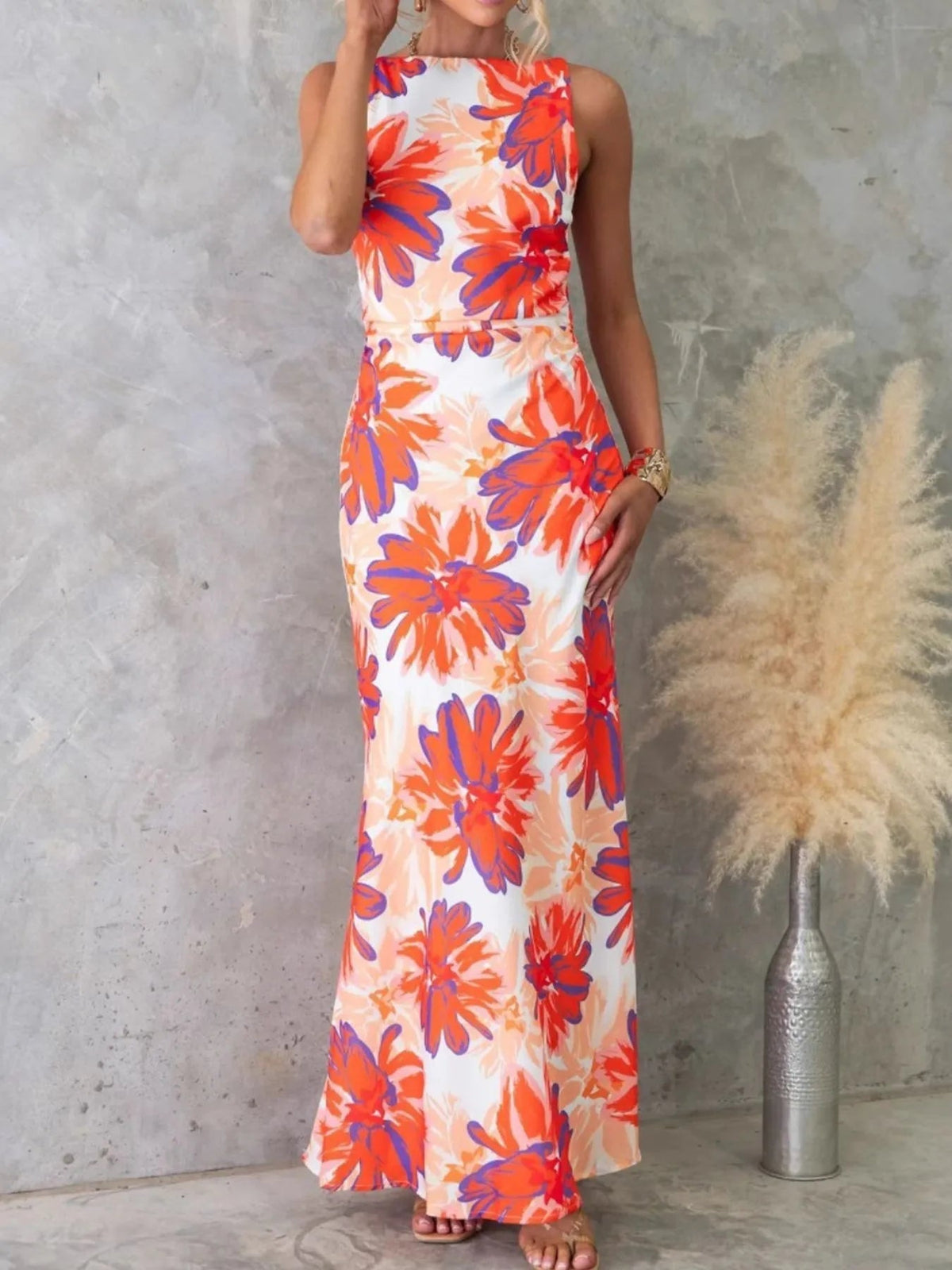 Printed Backless Sleeveless Maxi Dress