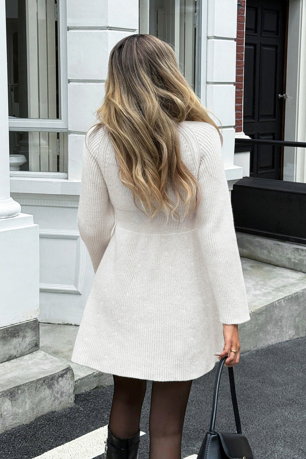 V-Neck Long Sleeve Button Front Ribbed Knit A-Line Mini Sweater Dress 3