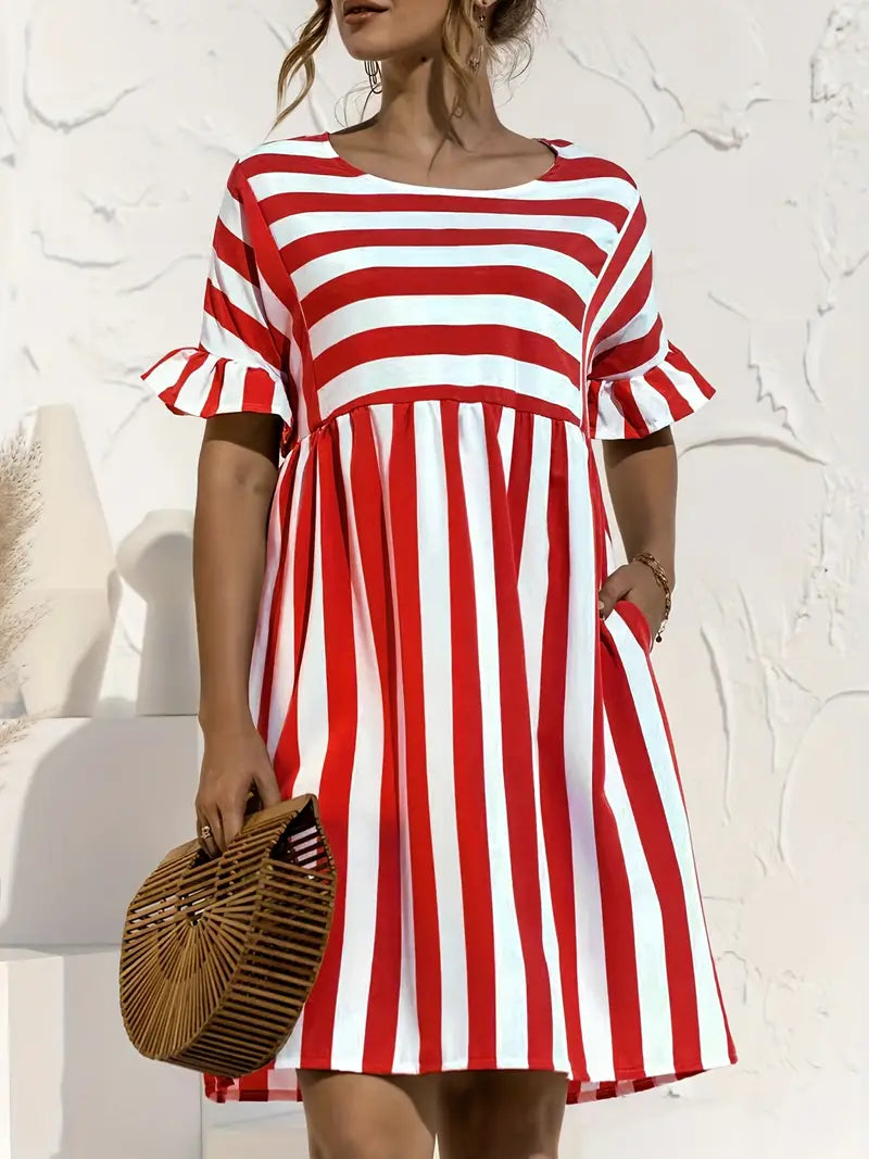 Striped Round Neck Ruffle Short Sleeve Empire Waist Smock Dress 3