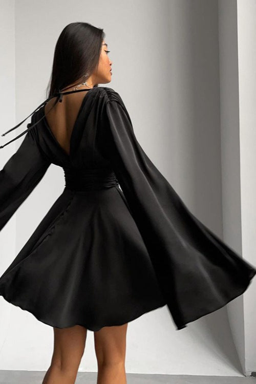 Satin Deep V Backless Flare-Sleeve Silk Dress 4