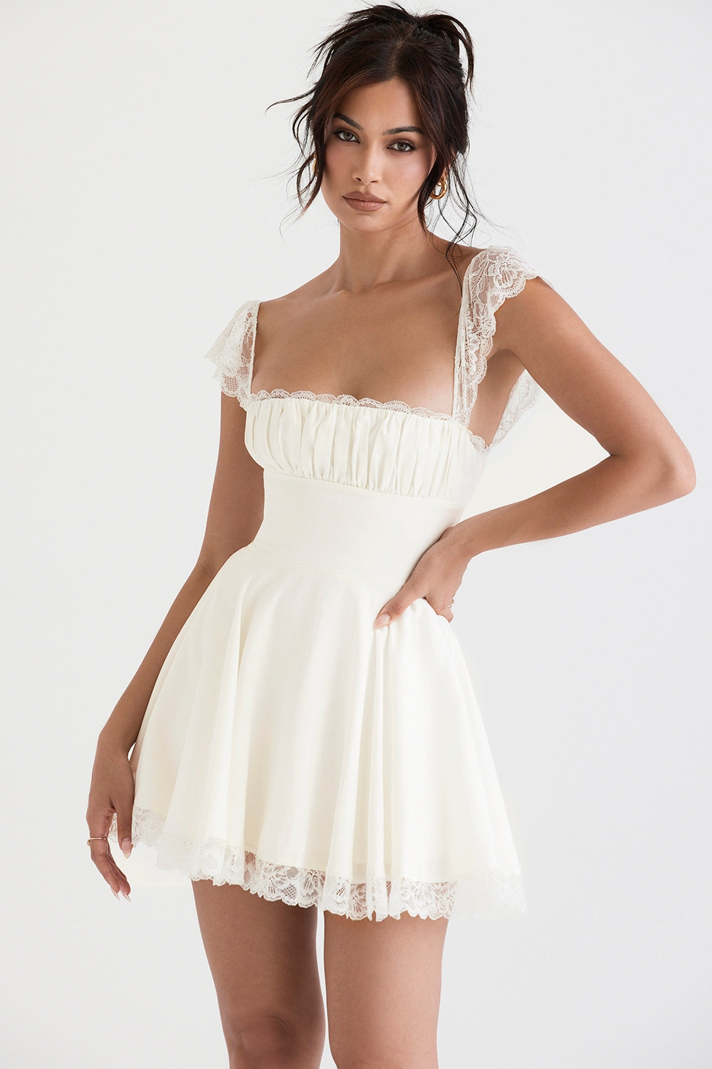 Lace Trim Square Neck Cap Sleeve Ruched Bust A-Line Mini Dress 5