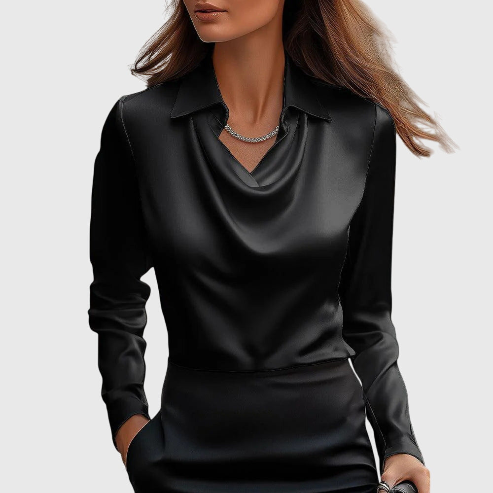 Collared Cowl Neck Long Sleeve Satin Blouse