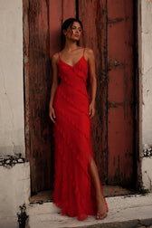 Chiffon Ruffle Open Back Split Slim Slip Dress