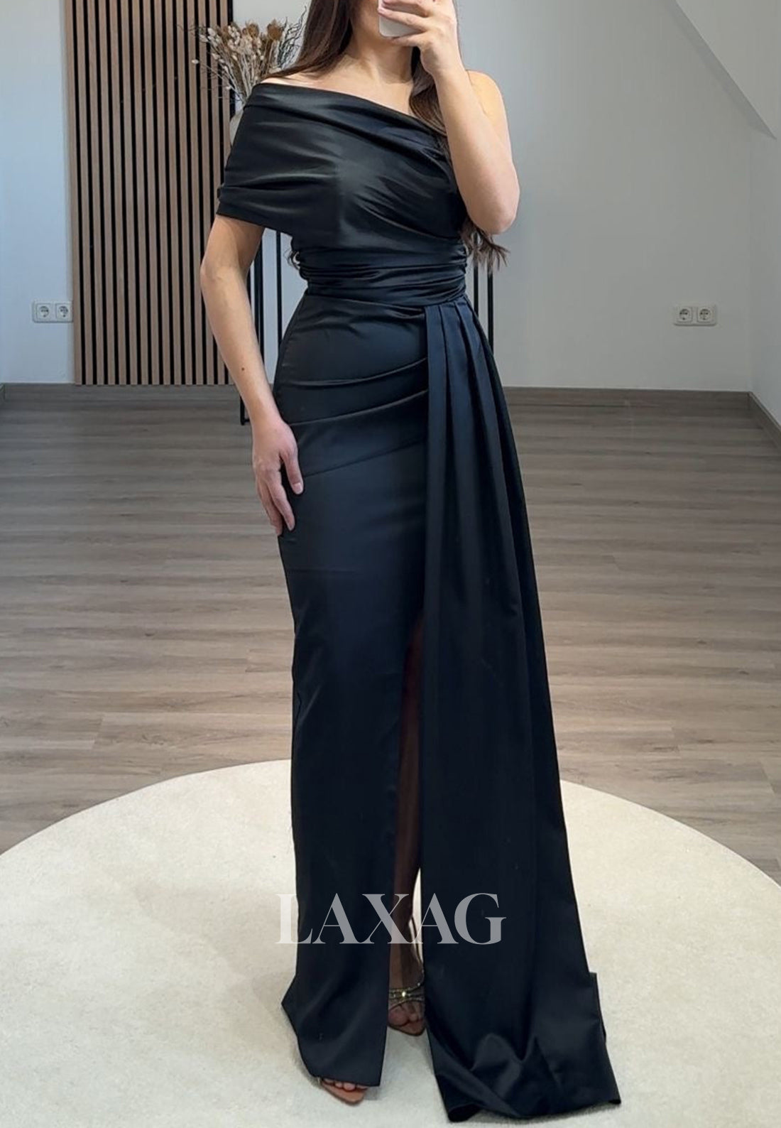 Asymmetrical-Neck Off-Shoulder Sleeveless Pleated Floor-Length Mermaid Formal Prom Dress with Slit