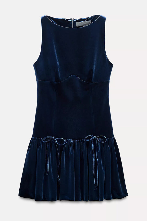 Solid Velvet Bow Embellished Sleeveless Mini Dress - View 11