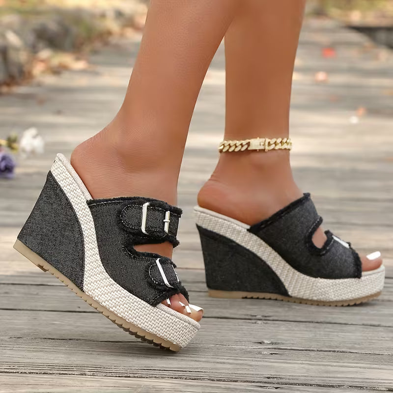 Open Toe Frayed Double Buckle Platform Wedge Slides